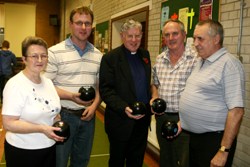 Dean Bond with bowlers at the pairs tournament in Broughshane. Photo courtesy of the Ballymena Times.